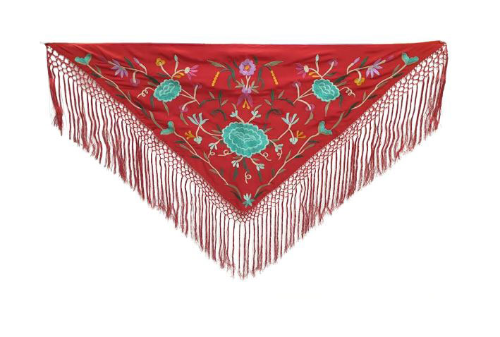 Red Flamenco Shawl Embroidered with Green Roses